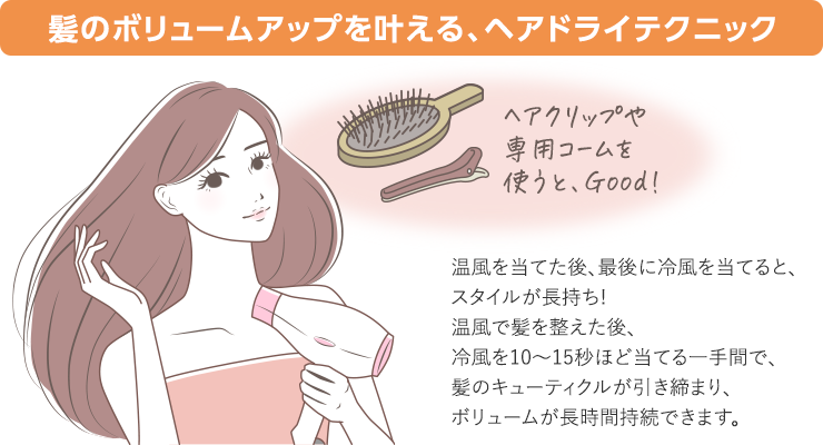 髪のボリュームアップを叶える、ヘアドライテクニック
