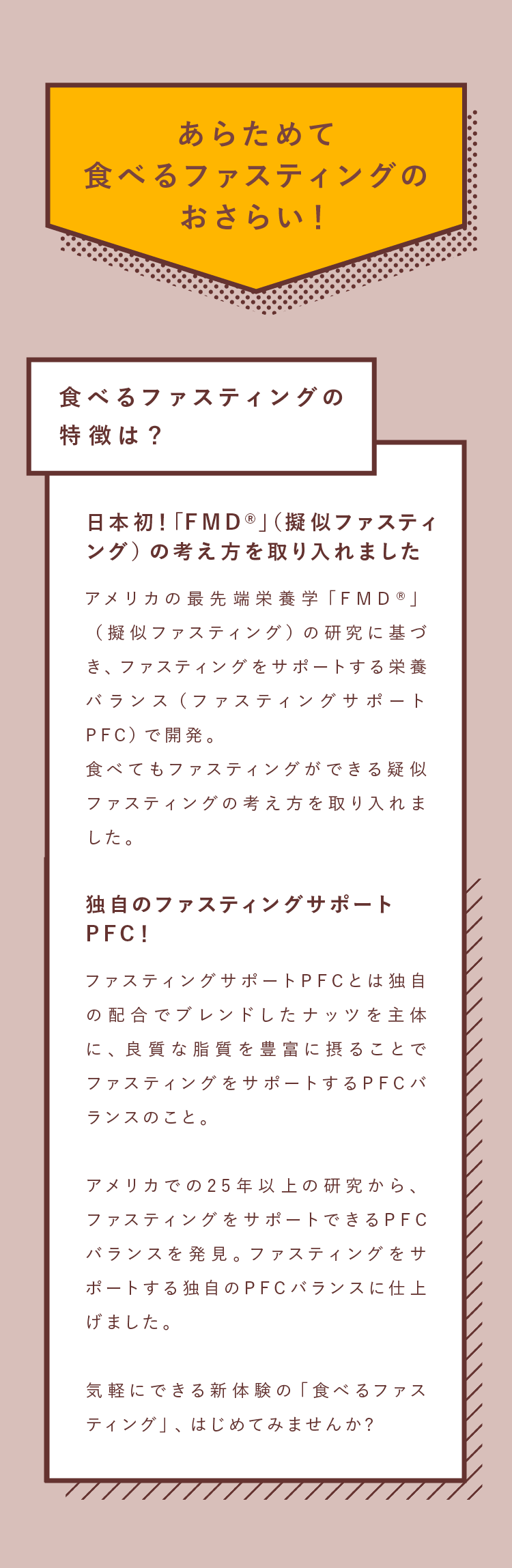 あらためて食べるファスティングのおさらい！食べるファスティングの特徴は？ 日本初！「FMD®」（擬似ファスティング）の考え方を取り入れました 独自のファスティングサポートPFC！