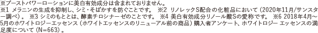 ※ブーストパワーローションに美白有効成分は含まれておりません。 ※1 メラニンの生成を抑制し、シミ・そばかすを防ぐことです。 ※2 リノレックS配合の化粧品において（2020年11月／サンスター調べ）。 ※3 シミのもととは、酵素チロシナーゼのことです。 ※4 美白有効成分リノール酸Sの愛称です。 ※5 2000年代に販売が認められた新規の美白有効成分として（リノール酸Sが認められたのは2001年4月／サンスター調べ）。 ※6 2018年4月~5月のホワイトロジーエッセンス（ホワイトエッセンスのリニューアル前の商品）購入者アンケート、ホワイトロジー エッセンスの満足度について（N=663）。