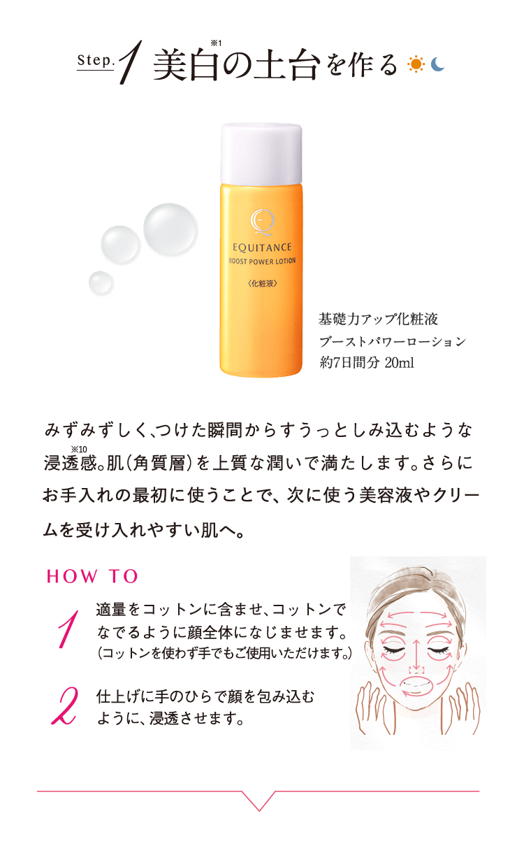 Step.1 美白※1の土台を作る 基礎力アップ化粧液 ブーストパワーローション 約7日間分 20ml みずみずしく、つけた瞬間からすうっとしみ込むような浸透感※10。肌（角質層）を上質な潤いで満たします。さらにお手入れの最初に使うことで、次に使う美容液やクリームを受け入れやすい肌へ。 HOW TO 1 適量をコットンに含ませ、コットンでなでるように顔全体になじませます。（コットンを使わず手でもご使用いただけます。） 2 仕上げに手のひらで顔を包み込むように、浸透させます。