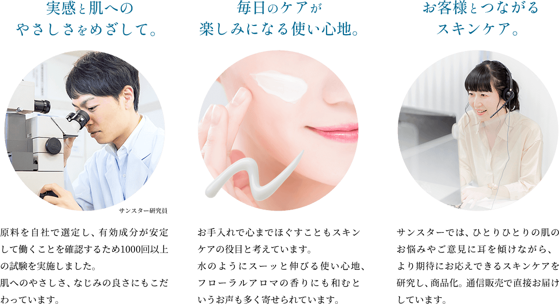 【実感と肌へのやさしさをめざして。】原料を自社で選定し、有効成分が安定して働くことを確認するため1000回以上の試験を実施しました。肌へのやさしさ、なじみの良さにもこだわっています。【毎日のケアが楽しみになる使い心地。】お手入れで心までほぐすこともスキンケアの役目と考えています。水のようにスーッと伸びる使い心地、フローラルアロマの香りにも和むというお声も多く寄せられています。【お客様とつながるスキンケア。】サンスターでは、ひとりひとりの肌のお悩みやご意見に耳を傾けながら、より期待にお応えできるスキンケアを研究し、商品化。通信販売で直接お届けしています。