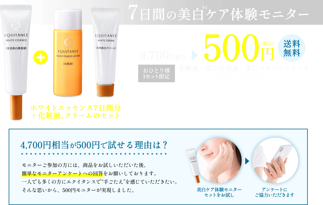 7日間の美白ケア体験モニター　税込500円 送料無料 おひとり様1セット限定 化粧液／美白美容液／美白クリームのセット
