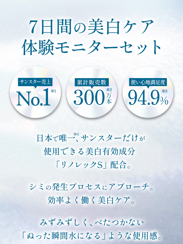 ＜7日間の美白ケア体験モニターセット＞日本で唯一、サンスターだけが使用できる美白有効成分「リノレックS」配合。シミの発生プロセスにアプローチ。効率よく働く美白ケア。みずみずしく、べたつかない「ぬった瞬間水になる」ような使用感。