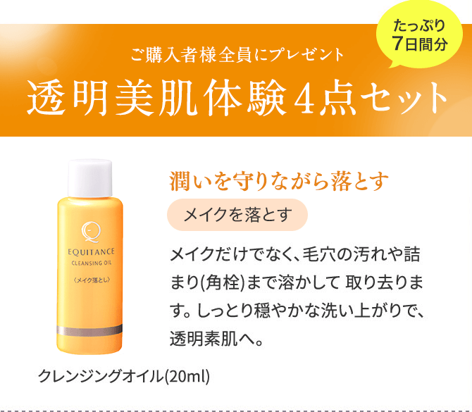 ご購入者様全員にプレゼント 透明美肌体験4点セット 　クレンジングオイル（20ml）