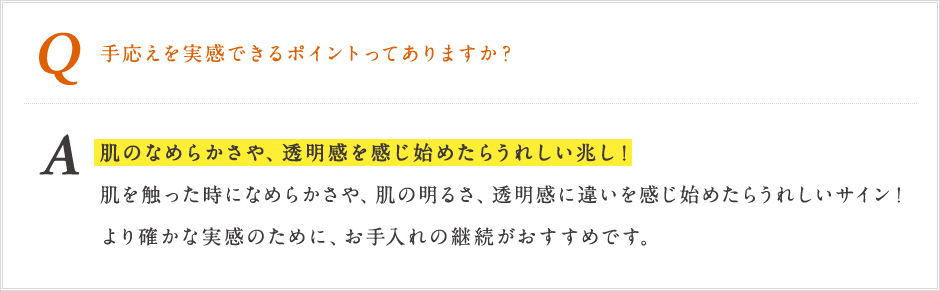 Q 手応えを実感できるポイントってありますか? A 肌のなめらかさや、透明感を感じ始めたら嬉しい兆し!肌を触った時に滑らかさ、肌の明るさ、透明感に違いを感じ始めたらうれしいサイン!より確かな実感のために、お手入れの継続がおすすめです。