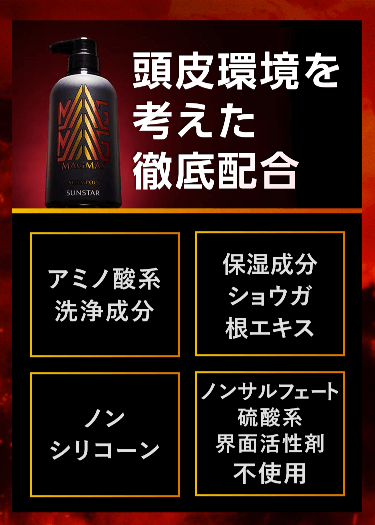 頭皮環境を考えた設定配合 アミノ酸洗浄成分 保湿成分生姜根エキス ノンシリコーン ノンサルフェート硫酸系界面活性剤不使用 髪のボリュームに悩む全ての男性に贈るサンスターの自信作です