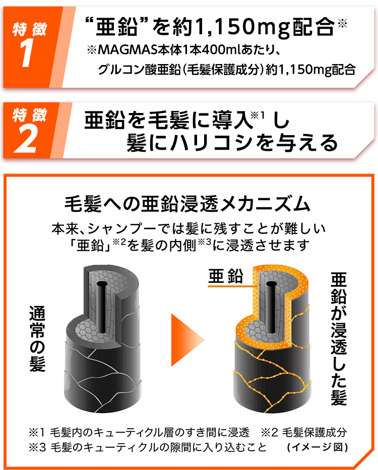 特徴1 “亜鉛”を約1,150mg配合※ ※MAGMAS本ピン一本400mlあたり、グルコン酸亜鉛（毛髪保護成分）約1,150mg配合　特徴2 亜鉛を毛髪に導入※1し髪にハリコシを与える 毛髪への亜鉛浸透メカニズム 本来、シャンプーでは髪に残すことが難しい「亜鉛」※2を髪の内側※3に浸透させます 通常の髪→亜鉛が浸透した髪 ※1 毛髪内のキューティクル層のすき間に浸透 ※2 毛髪保護成分 ※3 毛髪のキューティクルの隙間に入り込むこと（イメージ図）