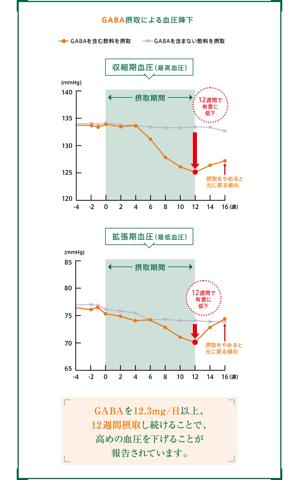 GABA摂取による血圧降下　GABAを12.3mg/日以上、12週間摂取し続けることで、高めの血圧を下げることが報告されています。