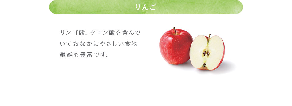 りんご リンゴ酸、クエン酸を含んでいておなかにやさしい食物繊維も豊富です。