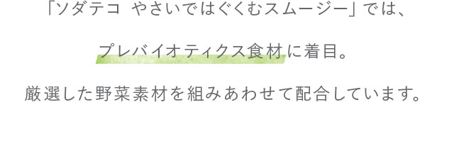 「ソダテコ やさいではぐくむスムージー」では、プレバイオティクス食材に着目。厳選した野菜素材を組みあわせて配合しています。