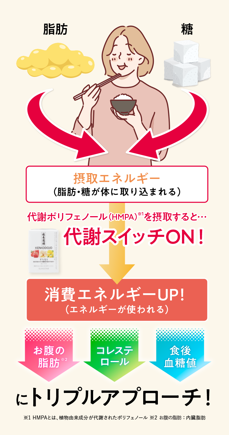 摂取エネルギー (脂肪・糖が体に取り込まれる) 代謝ポリフェノール (HMPA) ※1を摂取すると･･･ KENKODOJO 代謝スイッチON! 消費エネルギーUP! (エネルギーが使われる) お腹の脂肪コレステロール食後血糖値にトリプルアプローチ! ※1 HMPAとは、植物由来成分が代謝されたポリフェノール ※2 お腹の脂肪: 内臓脂肪