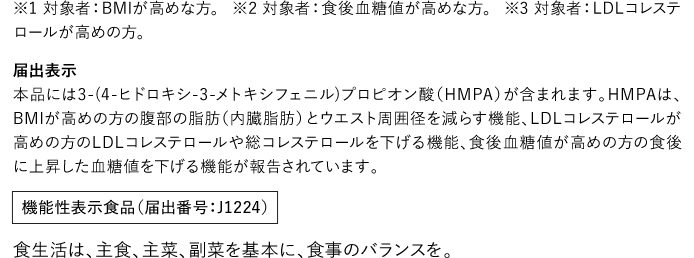 ※1 対象者: BMIが高めな方。 ※2対象者:食後血糖値が高めな方。 ※3 対象者: LDLコレステロールが高めの方。 届出表示本品には3-(4-ヒドロキシ-3-メトキシフェニル)プロピオン酸 (HMPA)が含まれます。HMPAは、 BMIが高めの方の腹部の脂肪(内臓脂肪)とウエスト周囲径を減らす機能、LDLコレステロールが高めの方のLDLコレステロールや総コレステロールを下げる機能、食後血糖値が高めの方の食後に上昇した血糖値を下げる機能が報告されています。 機能性表示食品(届出番号:J1224) 食生活は、主食、主菜、副菜を基本に、食事のバランスを。