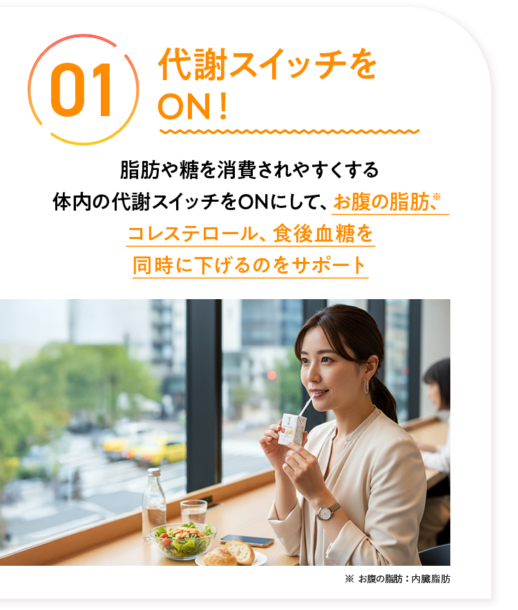 01 代謝スイッチを ON! 脂肪や糖を消費されやすくする体内の代謝スイッチをONにして、お腹の脂肪コレステロール、食後血糖を同時に下げるのをサポート