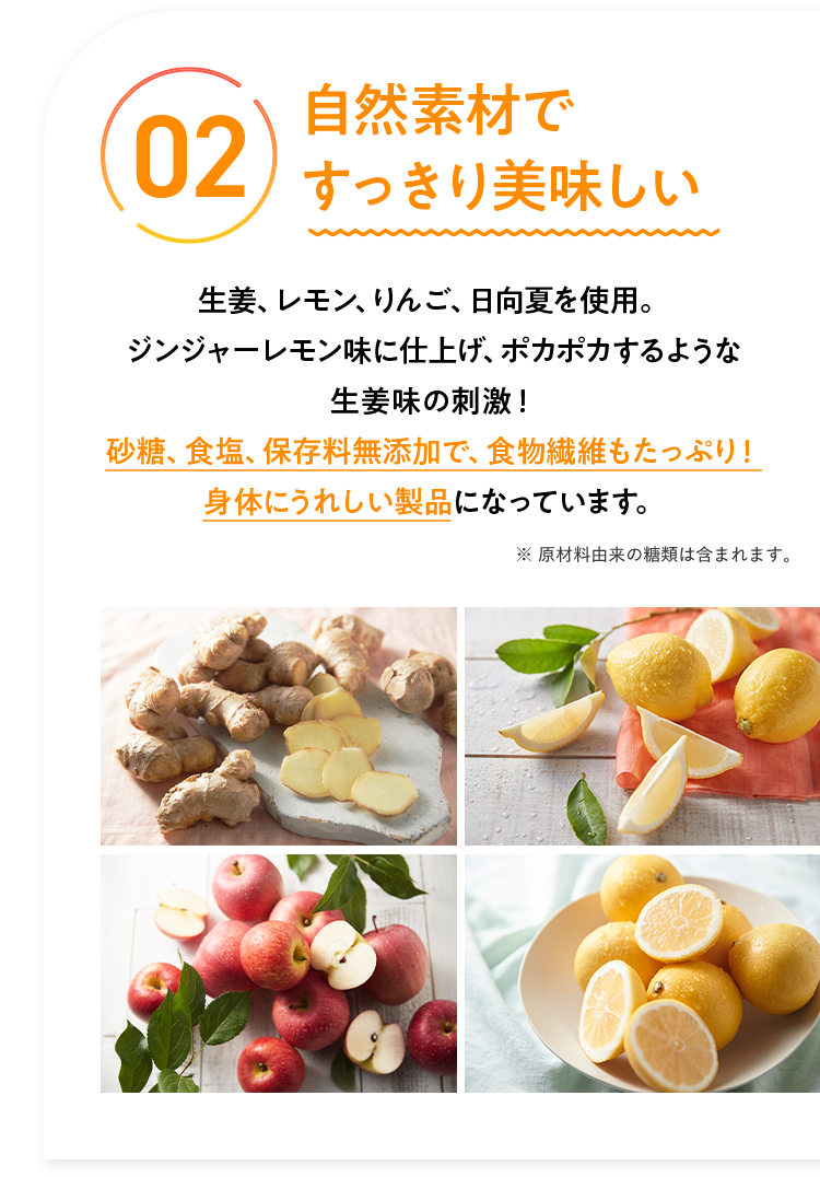 02 自然素材ですっきり美味しい生姜、レモン、りんご、日向夏を使用。 ジンジャーレモン味に仕上げ、ポカポカするような生姜味の刺激! 砂糖、食塩、保存料無添加で、食物繊維もたっぷり! 身体にうれしい製品になっています。 ※原材料由来の糖類は含まれます。