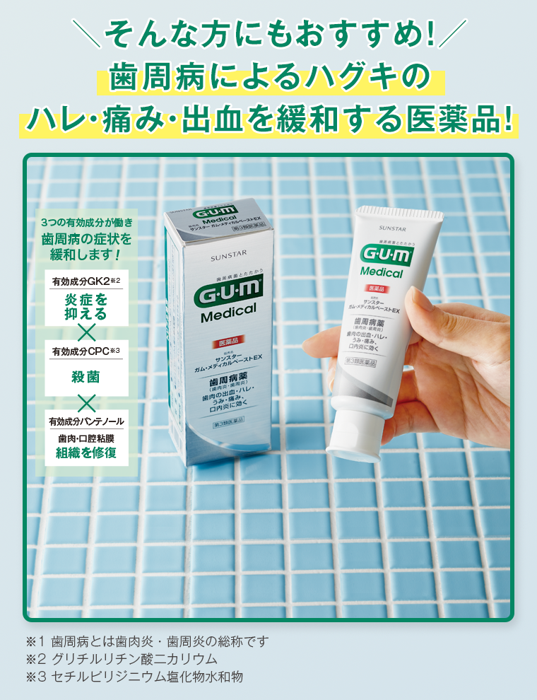 歯周病によるハグキのハレ・痛み・出血を緩和する医薬品！