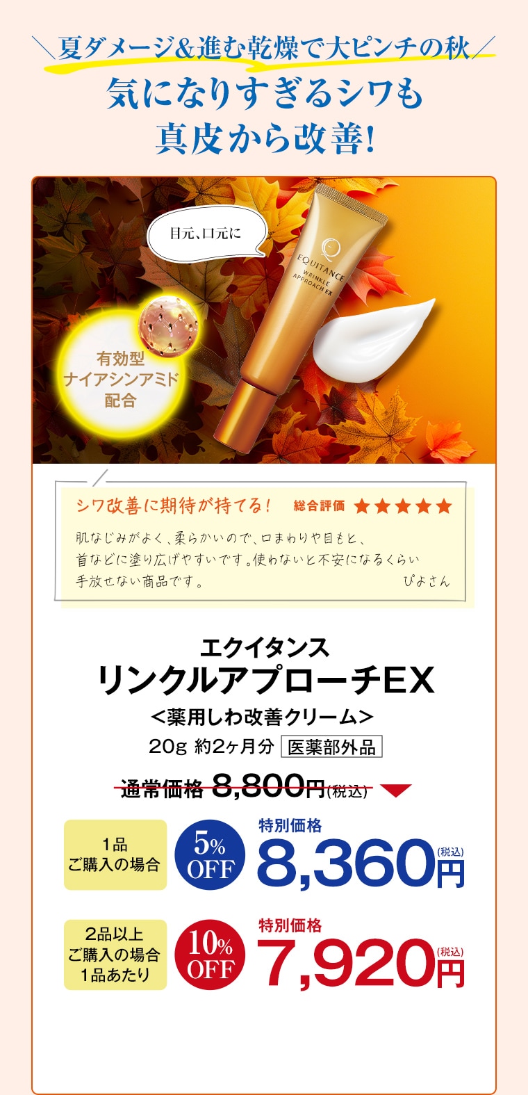 エクイタンス リンクルアプローチEX 1品ご購入で 8,360円 2品以上ご購入で 特別価格 7,920円