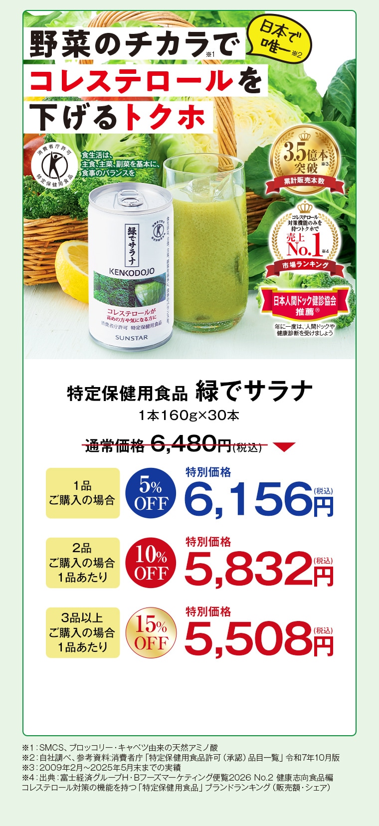 特定保健用食品 緑でサラナ 1本160g×30本 通常価格6,480円(税込) 1品ご購入の場合5%OFF特別価格6,156円(税込) 2品ご購入の場合1品あたり10%OFF特別価格5,832円(税込) 3品以上ご購入の場合1品あたり15%OFF特別価格5,508円(税込)