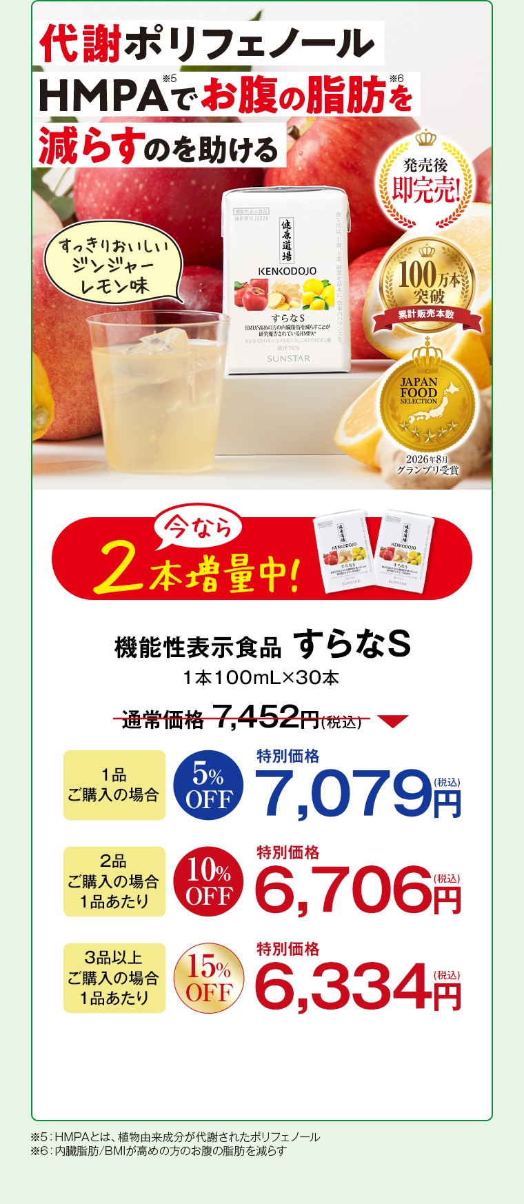 機能性表示食品 すらなS 今なら2本増量中！ 1本100mL×30本 通常価格7,452円(税込) 1品ご購入の場合5%OFF特別価格7,079円(税込) 2品ご購入の場合1品あたり10%OFF特別価格6,706円(税込) 3品以上ご購入の場合1品あたり15%OFF特別価格6,334円(税込)