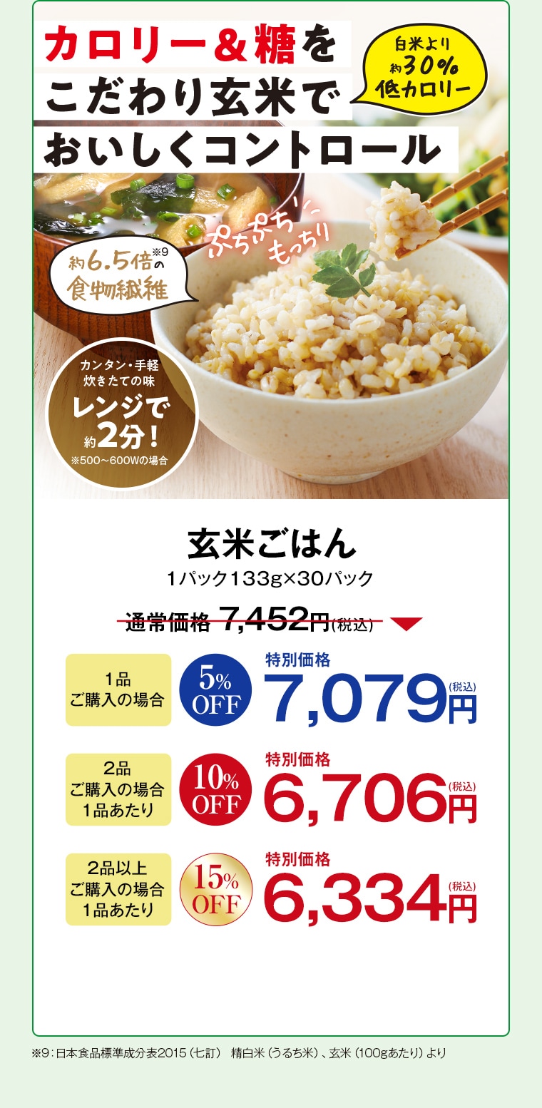 玄米ごはん 1パック133g×30パック 通常価格7,452円(税込) 1品ご購入の場合5%OFF特別価格7,079円(税込) 2品ご購入の場合1品あたり10%OFF特別価格6,706円(税込) 3品以上ご購入の場合1品あたり15%OFF特別価格6,334円(税込)