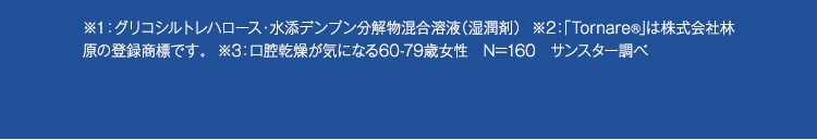 ※1：グリコシルトレハロース・水添デンプン分解物混合溶液（湿潤剤）  ※2：「Tornare(R)｣は株式会社林原の登録商標です。  ※3：口腔乾燥が気になる60-79歳女性 N=160 サンスター調べ