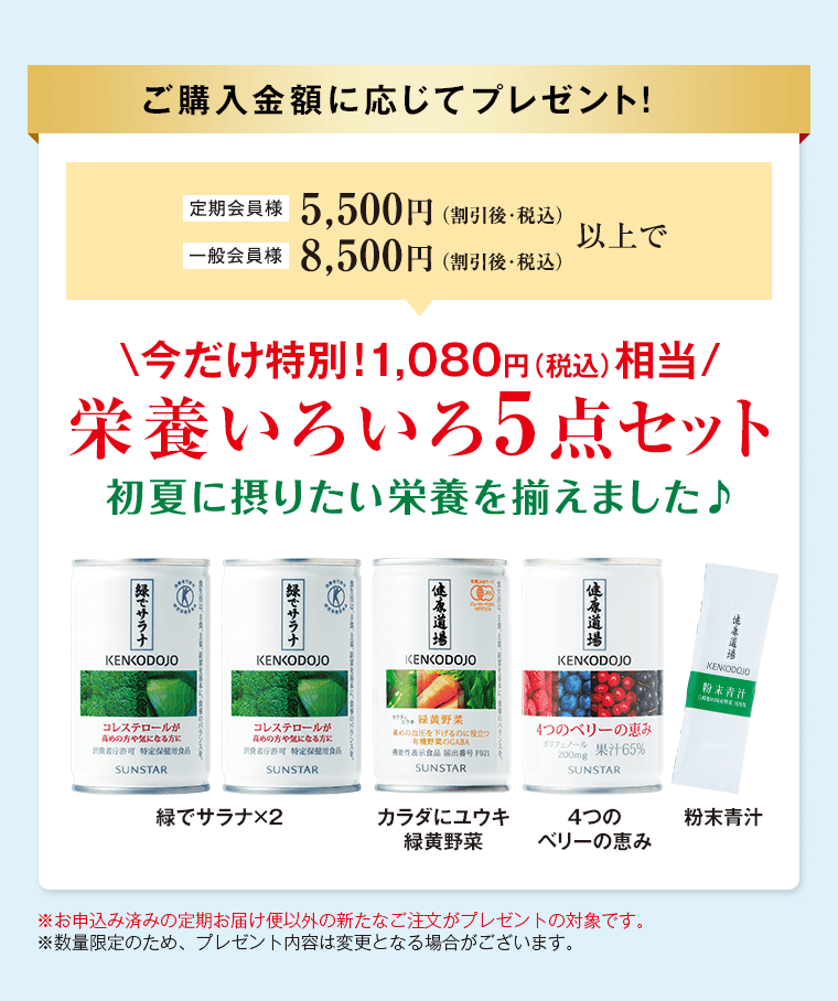 ご購入金額に応じてプレゼント！栄養いろいろ5点セット 初夏に摂りたい栄養を揃えました♪