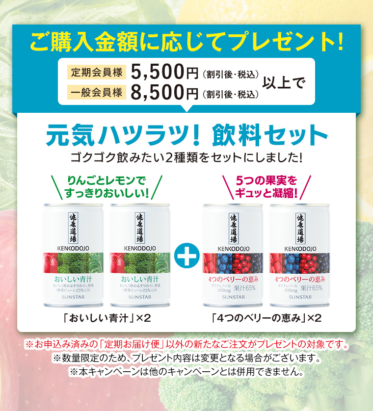 ご購入金額に応じてプレゼント！定期会員様5,500円（割引後・税込）・一般会員様8,500円（割引後・税込）以上で 元気ハツラツ！飲料セット（「おいしい青汁」×2＋「4つのベリーの恵み」×2）プレゼント！