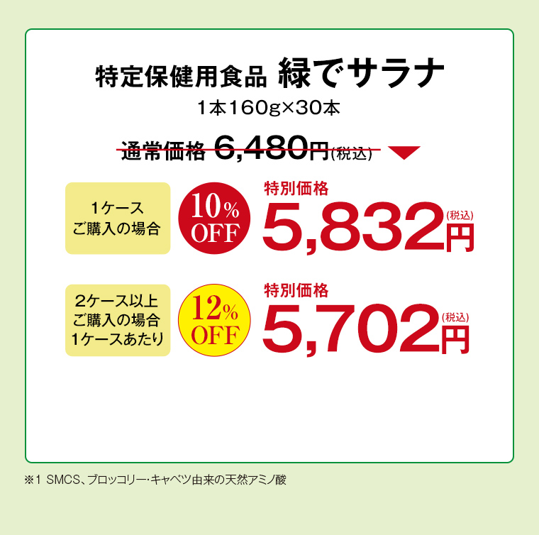 特定保健用食品 緑でサラナ 1本160g×30本 通常価格6,480円 10%OFF特別価格5,832円 2ケース以上12%OFF特別価格5,702円