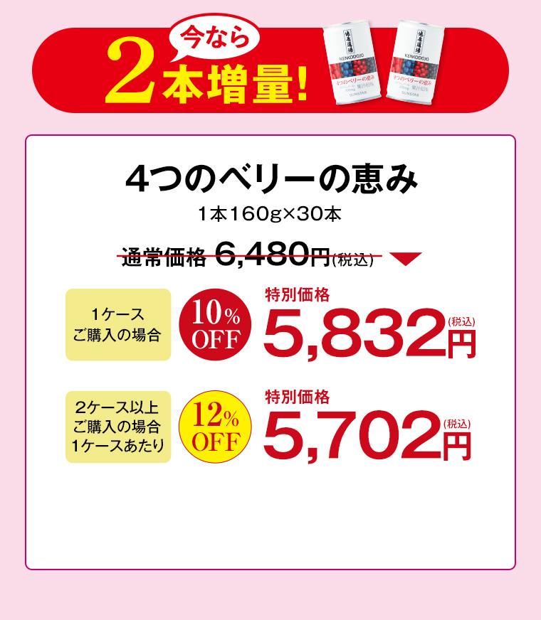 今なら2本増量！ 4つのベリーの恵み 1本160g×30本 通常価格6,480円 10%OFF特別価格5,832円 2ケース以上12%OFF特別価格5,702円