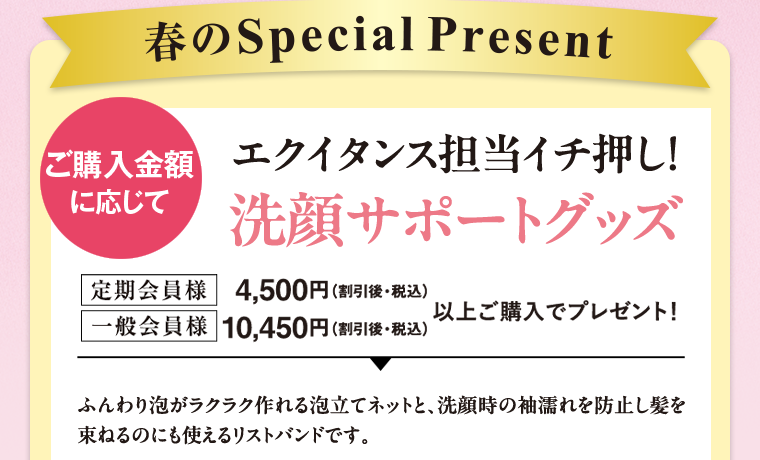 ご購入に応じてプレゼント！ 定期会員様 4,500円（割引後・税込） 一般会員様 10,450円（割引後・税込） 以上ご購入でプレゼント！ エクイタンス担当イチ押し！ 洗顔サポートグッズ