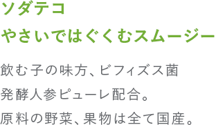 ソダテコ　やさいではぐくむスムージー 飲む子の味方、ビフィズス菌 発酵人参ピューレ配合。原料の野菜、果物は全て国産。