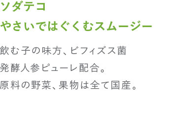 ソダテコ　やさいではぐくむスムージー 飲む子の味方、ビフィズス菌 発酵人参ピューレ配合。原料の野菜、果物は全て国産。