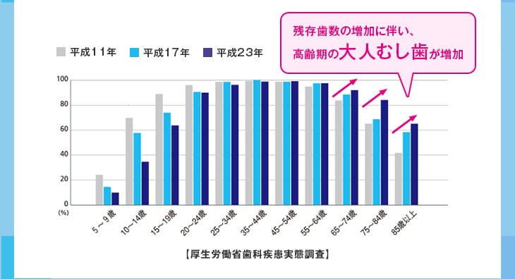 残存歯数の増加に伴い、高齢期の大人むし歯が増加 【厚生労働省歯科疾患実態調査】