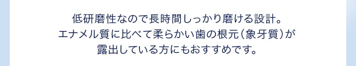 低研磨性なので長時間しっかり磨ける設計。エナメル質に比べて柔らかい歯の根元(象牙質)が露出している方にもおすすめです。