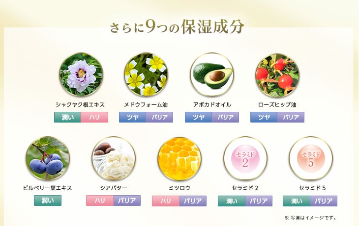 さらに9つの保湿成分:シャクヤク根エキス、メドウフォーム油、アボガドオイル、ローズヒップ油、ビルベリー葉エキス、シアバター、ミツロウ、セラミド2、セラミド5