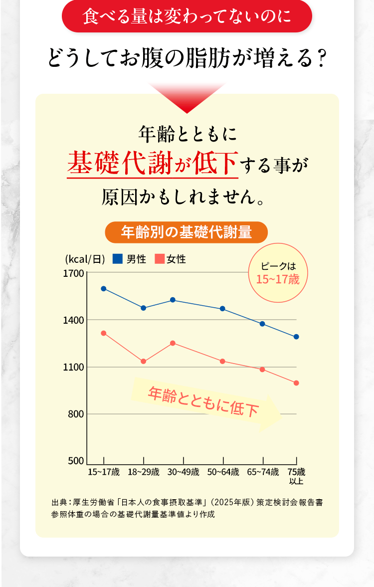 食べる量は変わってないのにどうしてお腹の脂肪が増える？原因は年齢とともに基礎代謝が低下することかもしれません。