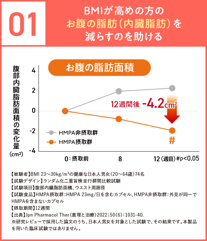 BMIが高めの方のお腹の脂肪(内臓脂肪)を減らすのを助ける
