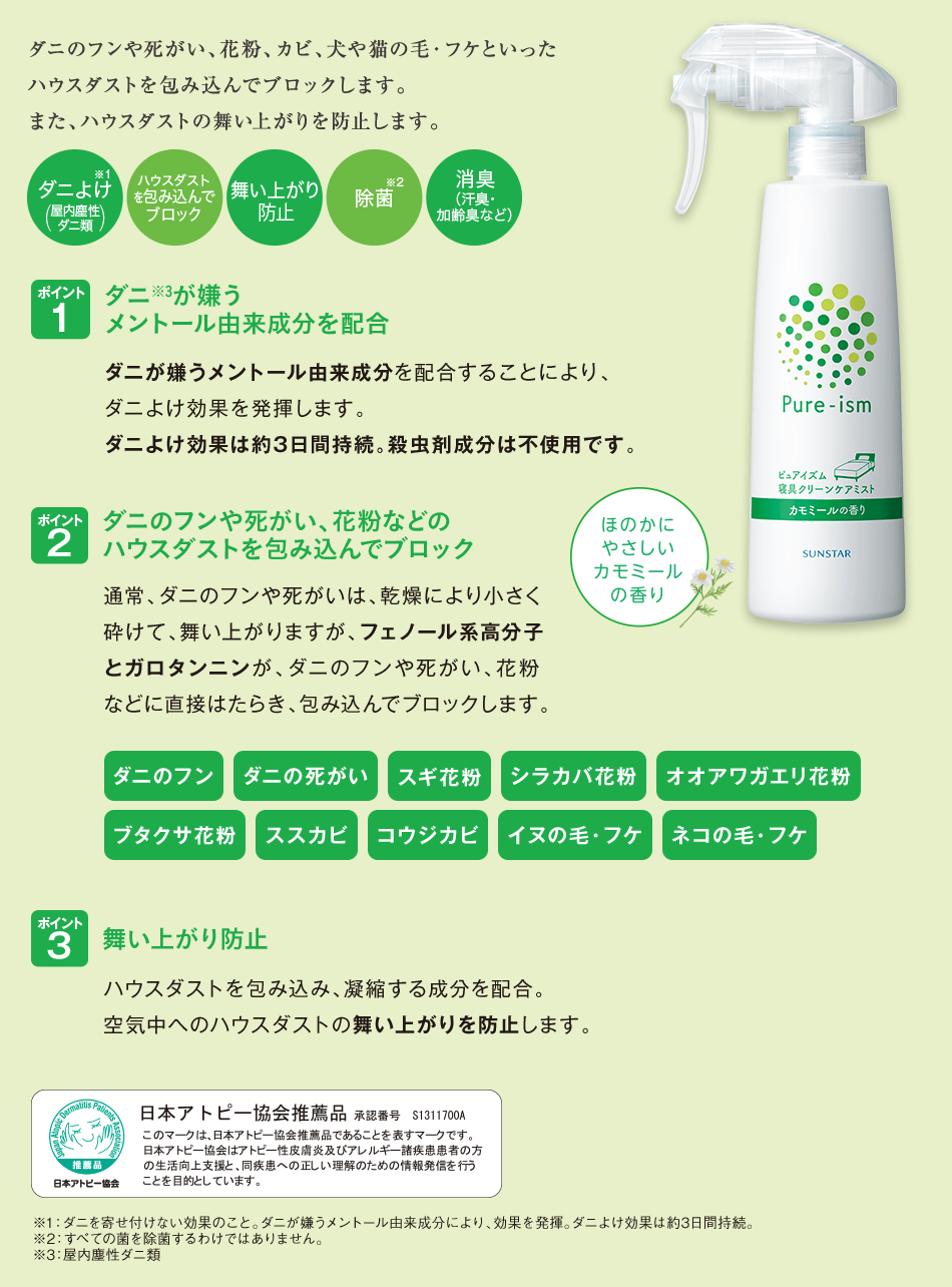 ダニのフンや死がい、花粉、カビ、犬や猫の毛・フケといったハウスダストを包み込んでブロックします。また、ハウスダストの舞い上がりを防止します。ほのかにやさしいカモミールの香り ポイント1 ダニ※3が嫌うメントール由来成分を配合 ポイント2 ダニのフンや死がい、花粉などのハウスダストを包み込んでブロック ポイント3 舞い上がり防止 日本アトピー協会推薦品 承認番号 S1311700A ※1：ダニを寄せ付けない効果のこと。ダニが嫌うメントール由来成分により、効果を発揮。ダニよけ効果は約3日間持続。 ※2：すべての菌を除菌するわけではありません。 ※3：屋内塵性ダニ類