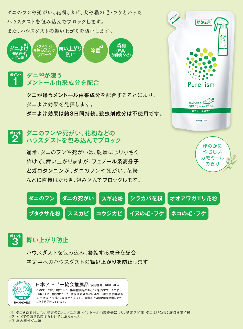 ダニのフンや死がい、花粉、カビ、犬や猫の毛・フケといったハウスダストを包み込んでブロックします。また、ハウスダストの舞い上がりを防止します。ほのかにやさしいカモミールの香り ポイント1 ダニ※3が嫌うメントール由来成分を配合 ポイント2 ダニのフンや死がい、花粉などのハウスダストを包み込んでブロック ポイント3 舞い上がり防止 日本アトピー協会推薦品 承認番号 S1311700A ※1：ダニを寄せ付けない効果のこと。ダニが嫌うメントール由来成分により、効果を発揮。ダニよけ効果は約3日間持続。 ※2：すべての菌を除菌するわけではありません。 ※3：屋内塵性ダニ類