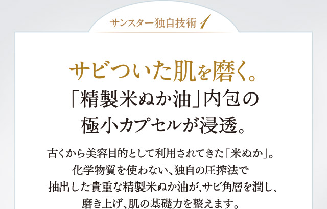 サンスター独自技術1：サビついた肌を磨く。「精製米ぬか油」内包の極小カプセルが浸透。