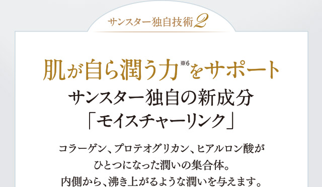 サンスター独自技術2：肌が自ら潤う力をサポートサンスター独自の新成分「モイスチャーリンク」