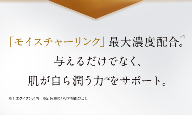  世界初、「モイスチャーリンク」最大濃度配合。与えるだけでなく、肌が自ら潤う力をサポート。