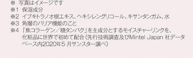 ※　写真はイメージです ※1　保湿成分 ※2　イブキトラノオ根エキス、ヘキシレングリコール、キサンタンガム、水 ※3　角層のバリア機能のこと ※4　「魚コラーゲン／糖タンパク」を主成分とするモイスチャーリンクを、化粧品に世界で初めて配合（先行技術調査及びMintel Japan 社データベース内2020年5 月サンスター調べ）