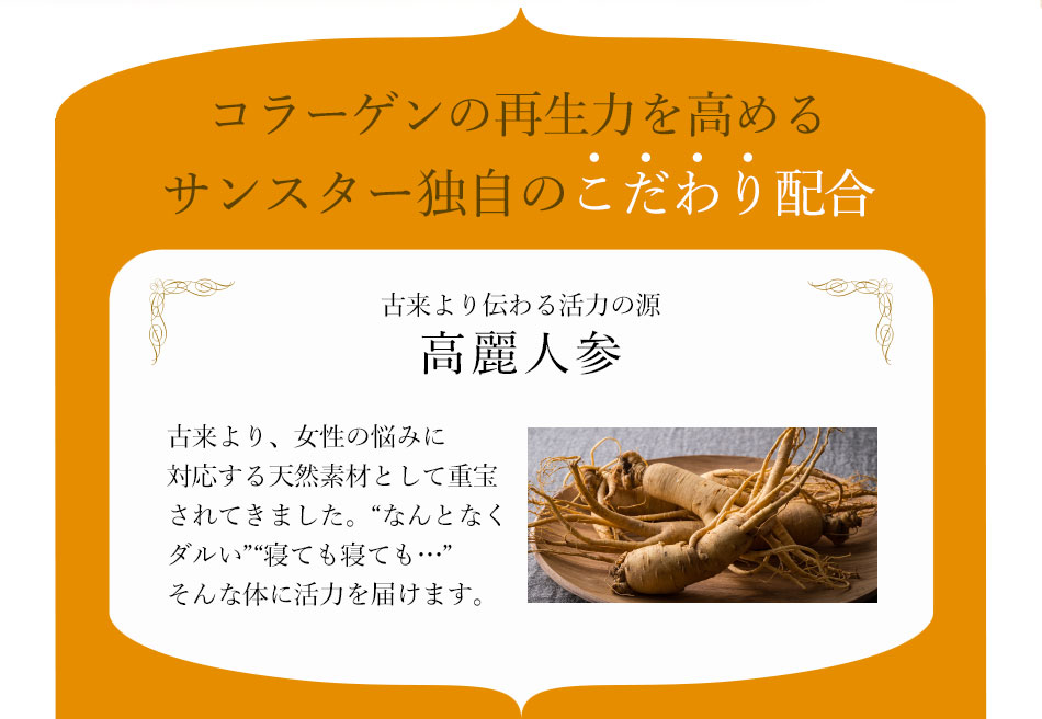 コラーゲンの再生力を高めるサンスター独自のこだわり配合 古来より伝わる活力の源 高麗人参