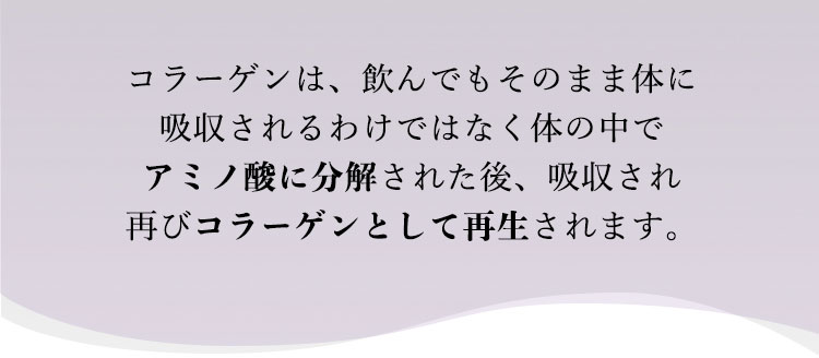 コラーゲンは、飲んでもそのまま体に吸収されるわけではなく体の中でアミノ酸に分解された後、吸収され再びコラーゲンとして再生されます。