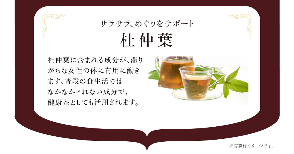 サラサラ、めぐりをサポート 杜仲葉 杜仲葉に含まれる成分が、滞りがちな女性の体に有用に働きます。普段の食生活ではなかなかとれない成分で、健康茶としても活用されます。