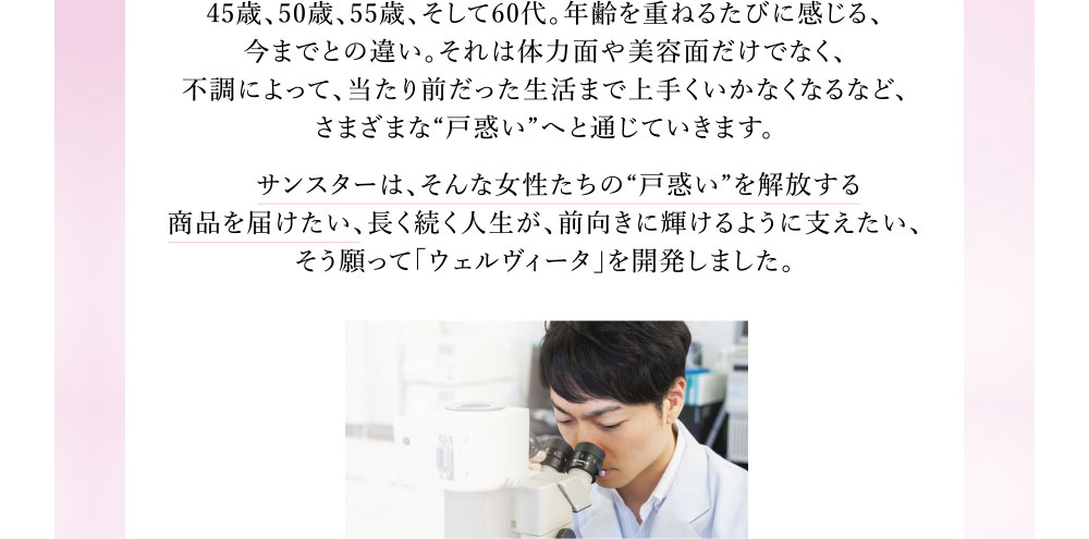 45歳、50歳、55歳、そして60代。年齢を重ねるたびに感じる、今までとの違い。それは体力面や美容面だけでなく、不調によって、当たり前だった生活まで上手くいかなくなるなど、さまざまな“戸惑い”へと通じていきます。サンスターは、そんな女性たちの“戸惑い”を解放する商品を届けたい、長く続く人生が、前向きに輝けるように支えたい、そう願って「ウェルヴィータ」を開発しました。