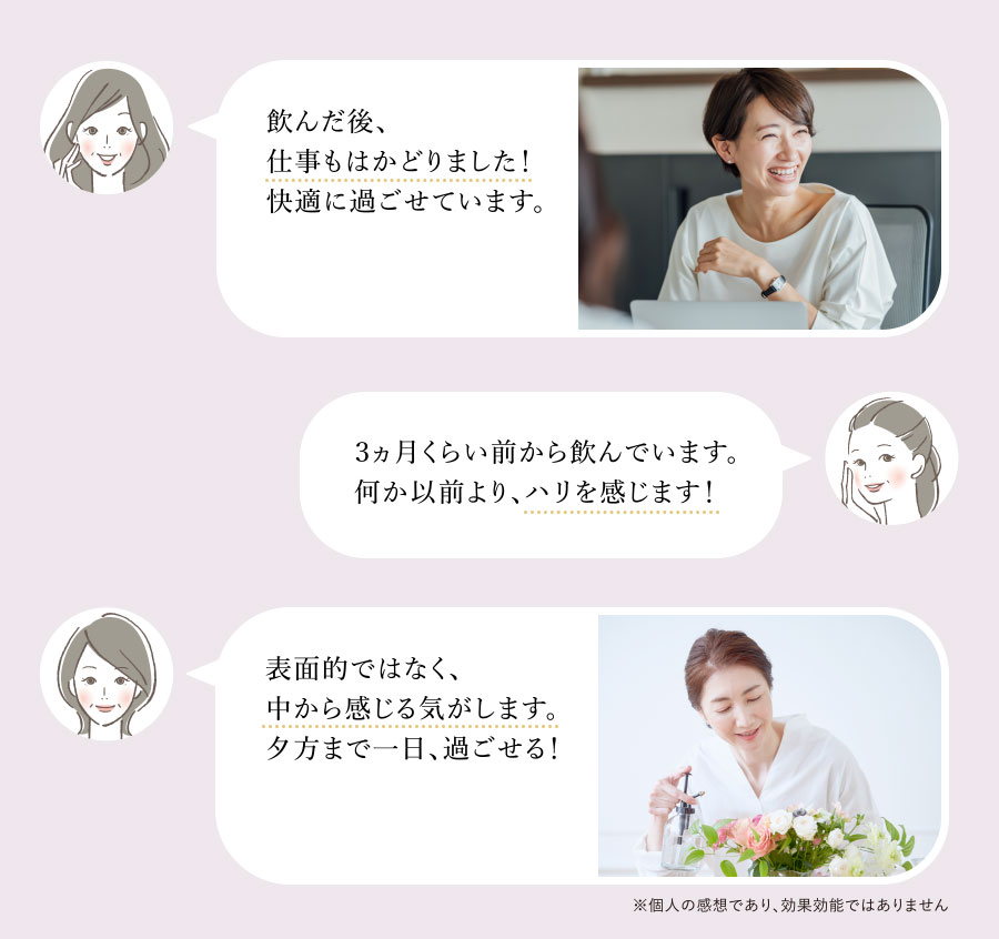飲んだ後、仕事もはかどりました!快適に過ごせています。 3ヵ月くらい前から飲んでいます。何か以前より、ハリを感じます! 表面的ではなく、中から感じる気がします。夕方まで一日、過ごせる!