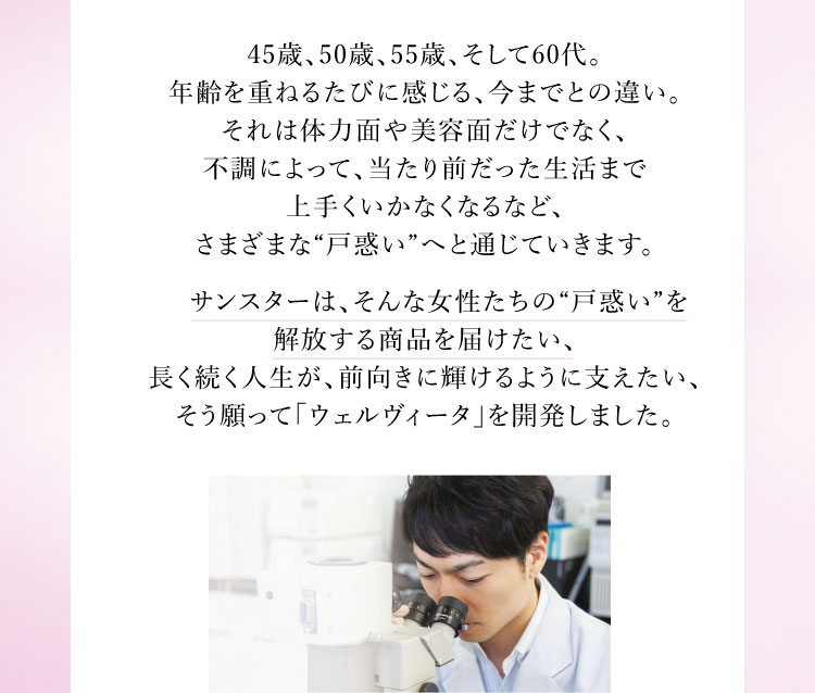 45歳、50歳、55歳、そして60代。年齢を重ねるたびに感じる、今までとの違い。それは体力面や美容面だけでなく、不調によって、当たり前だった生活まで上手くいかなくなるなど、さまざまな“戸惑い”へと通じていきます。サンスターは、そんな女性たちの“戸惑い”を解放する商品を届けたい、長く続く人生が、前向きに輝けるように支えたい、そう願って「ウェルヴィータ」を開発しました。