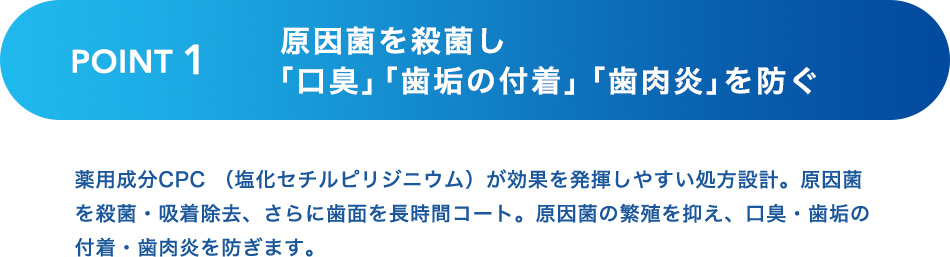 POINT1 原因菌を殺菌し｢口臭｣｢歯垢の付着｣「歯肉炎｣を防ぐ