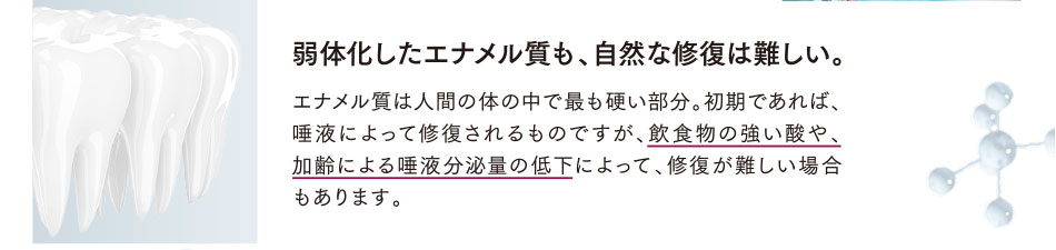 弱体化したエナメル質も、自然な修復は難しい。